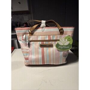 NWT Lily Bloom Recycled Fabric Maggie Satchel Handbag Pastel Stripe Multi Pocket